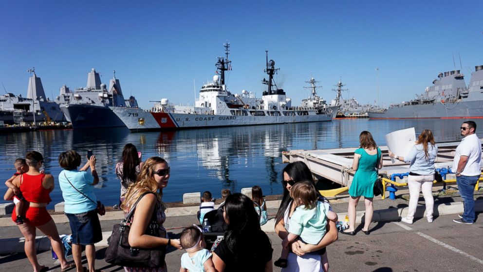 Family and friends wait as the Coast Guard's USS Boutwell arrives home from a three month deployment on April 16, 2015 at Naval Base San Diego in San Diego, California. 
