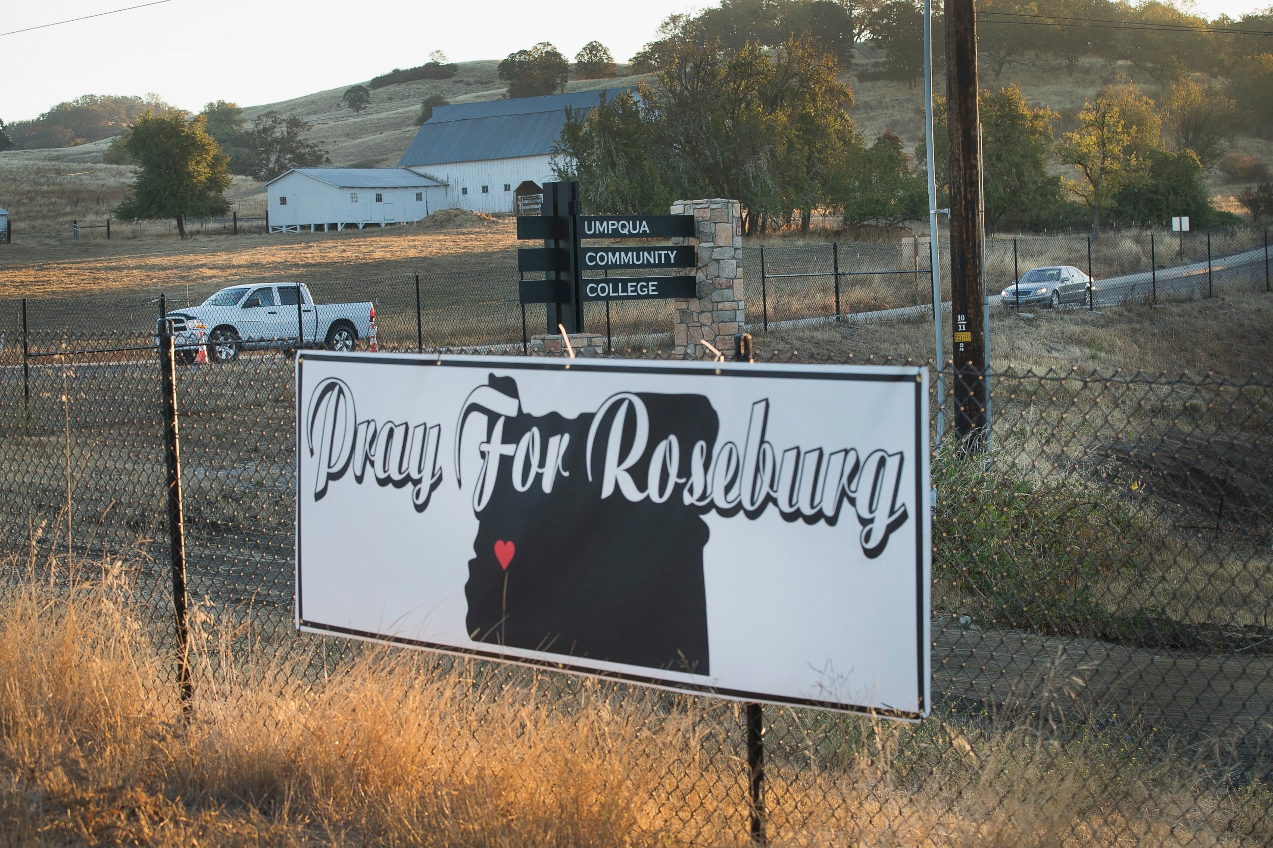 PHOTO: A sign sits along the road to Umpqua Community College, Oct 2, 2015, in Roseburg, Ore.