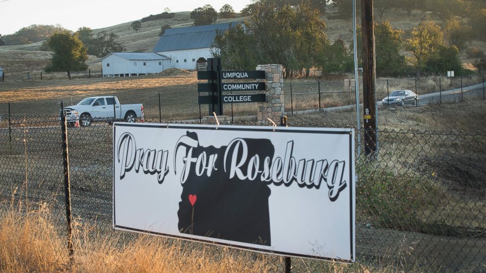 PHOTO: A sign sits along the road to Umpqua Community College, Oct 2, 2015, in Roseburg, Ore.