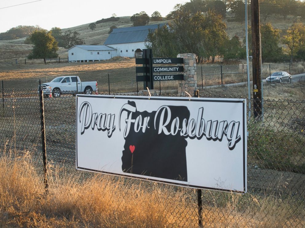 PHOTO: A sign sits along the road to Umpqua Community College, Oct 2, 2015, in Roseburg, Ore.