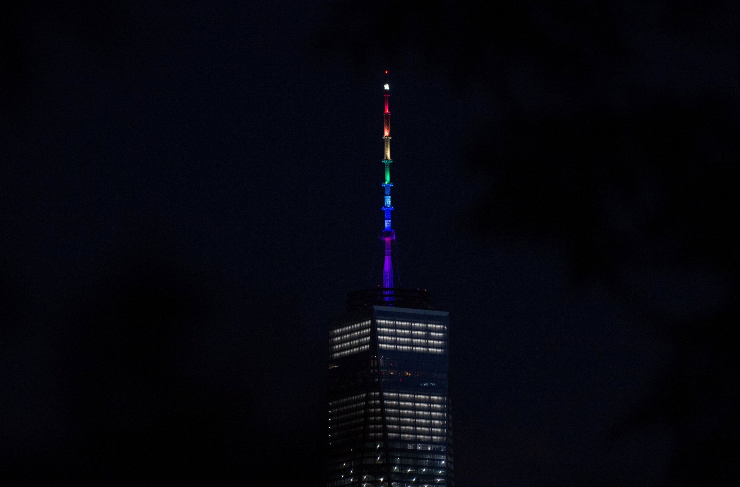 PHOTO: One World Trade Center is lit in the rainbow colors in New York, June 12, 2016, in reaction to the mass shooting at a gay nightclub in Orlando, Fla.