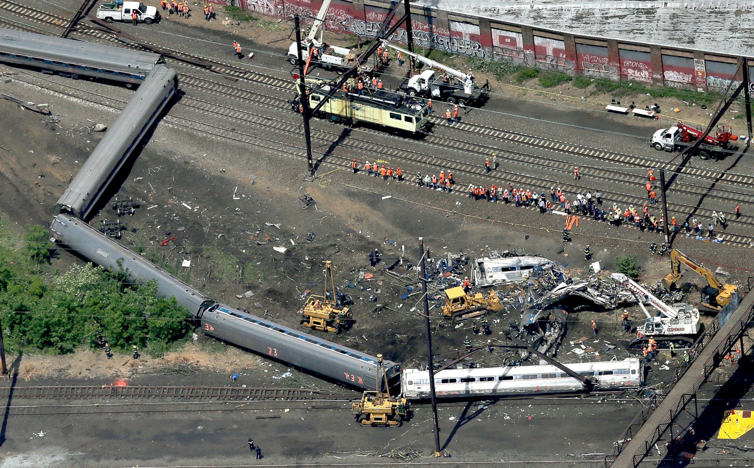 PHOTO: Investigators and first responders work near the wreckage of Amtrak Northeast Regional Train 188, from Washington to New York, May 13, 2015, in north Philadelphia.
