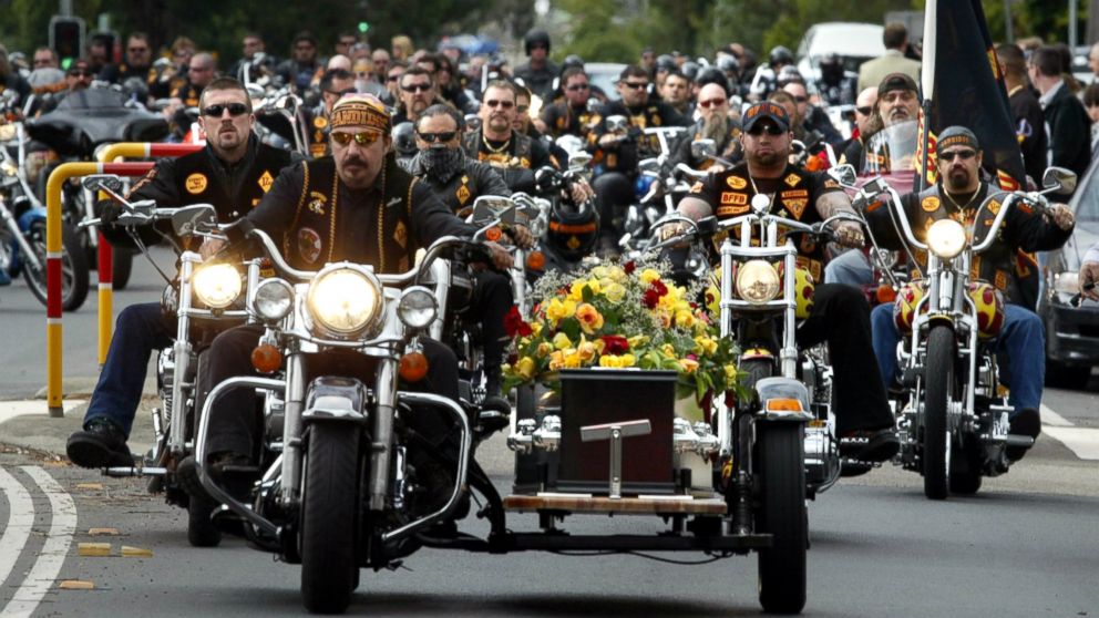 PHOTO: Members of the Bandidos Motorcycle Club are seen at the funeral service for Baididos leader Rodney Monk at St. Geralds Catholic Church in Carlingford, Australia, April 27, 2006.