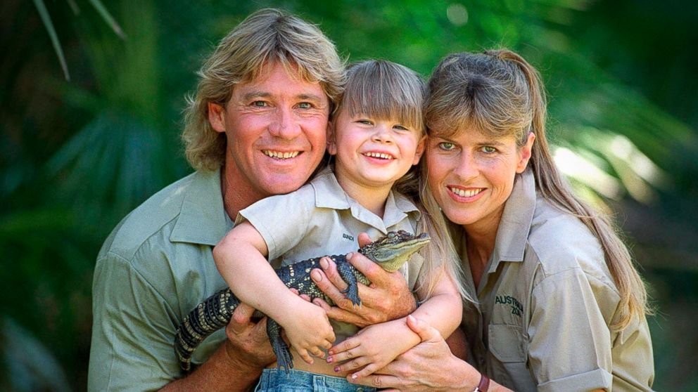 Steve Irwin is seen here with his wife Terri Irwin, daughter Bindi Irwin, and a baby crocodile at Australia Zoo in Queensland in this Dec. 14, 2002 file photo.