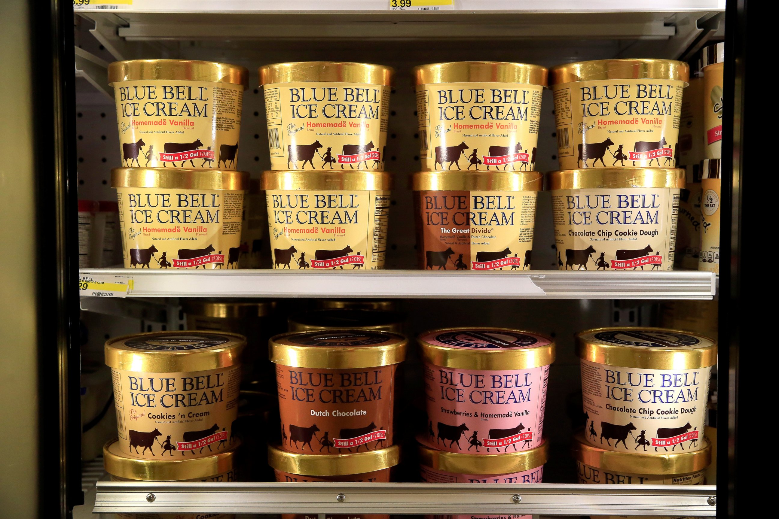 PHOTO: Blue Bell Ice Cream is seen on shelves of an Overland Park grocery store prior to being removed on April 21, 2015 in Overland Park, Kansas. 