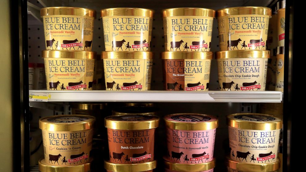 Blue Bell Ice Cream is seen on shelves of an Overland Park grocery store prior to being removed on April 21, 2015 in Overland Park, Kansas. 