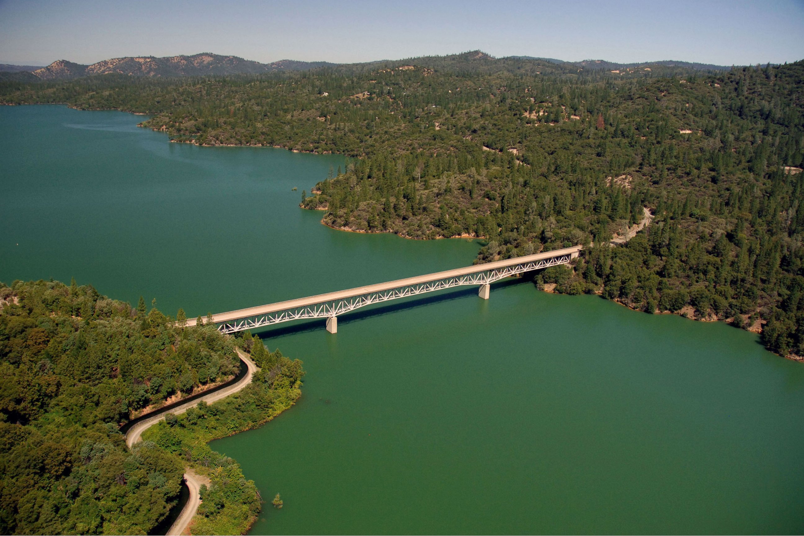 PHOTO: The Green Bridge passes over full water levels at a section of Lake Oroville