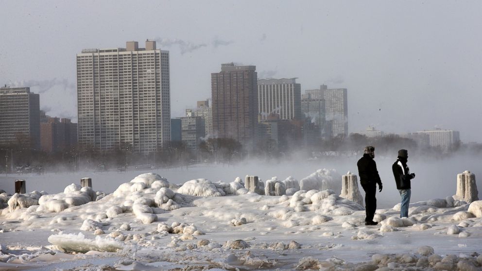 Ice builds up along Lake Michigan at North Avenue Beach, Jan. 6, 2014, in Chicago.