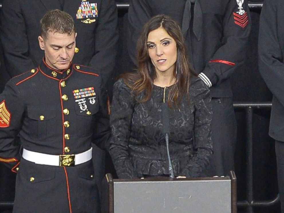 PHOTO: Taya Kyle addresses the audience at the funeral of her husband, Chris Kyle, at Cowboys Stadium in Arlington, Texas on Feb. 11, 2013. 