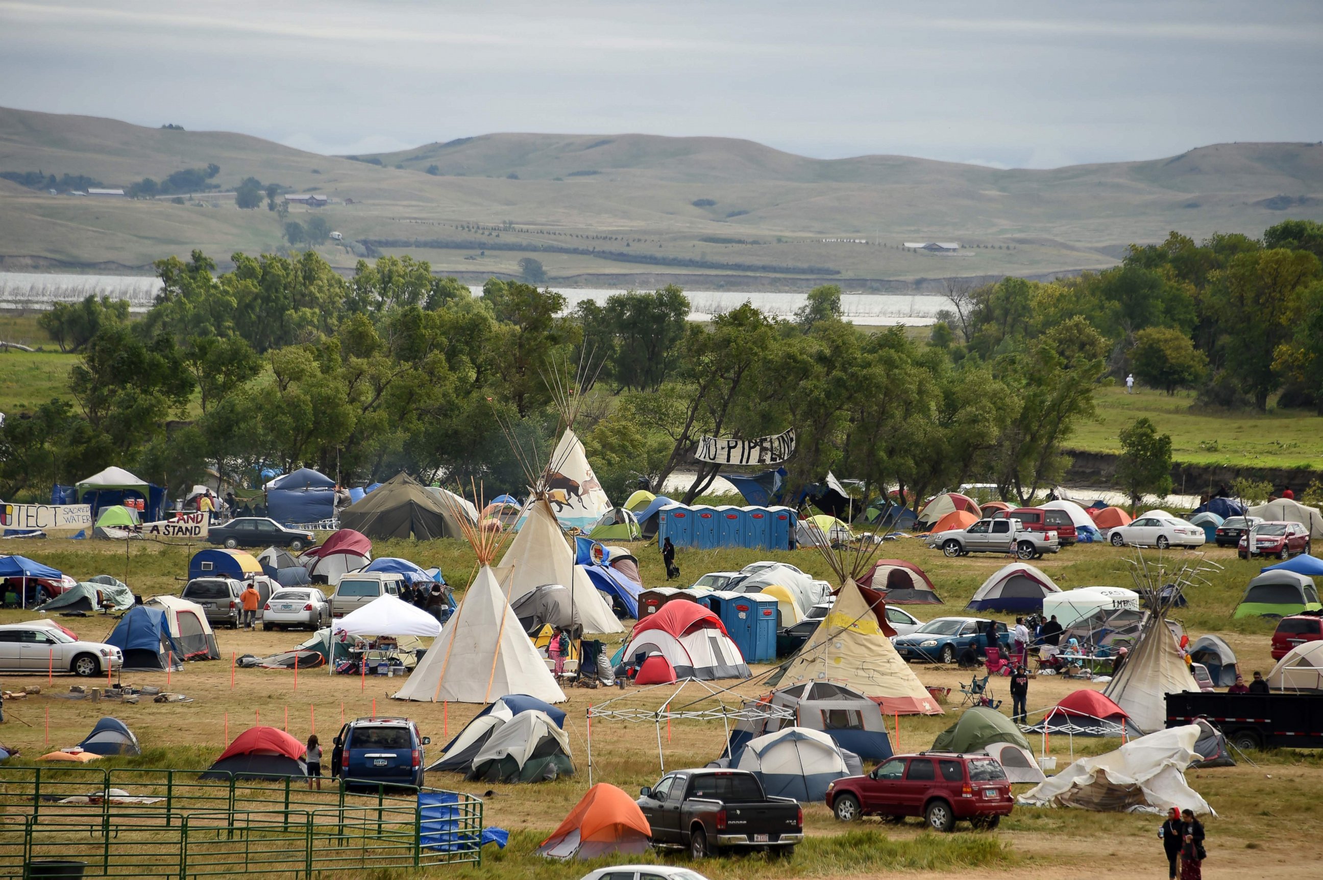 PHOTO: The Missouri River is seen beyond an encampment Sept. 4, 2016, near Cannon Ball, North Dakota where hundreds of people have gathered to join the Standing Rock Sioux Tribe's protest of the Dakota Access Pipeline (DAPL).