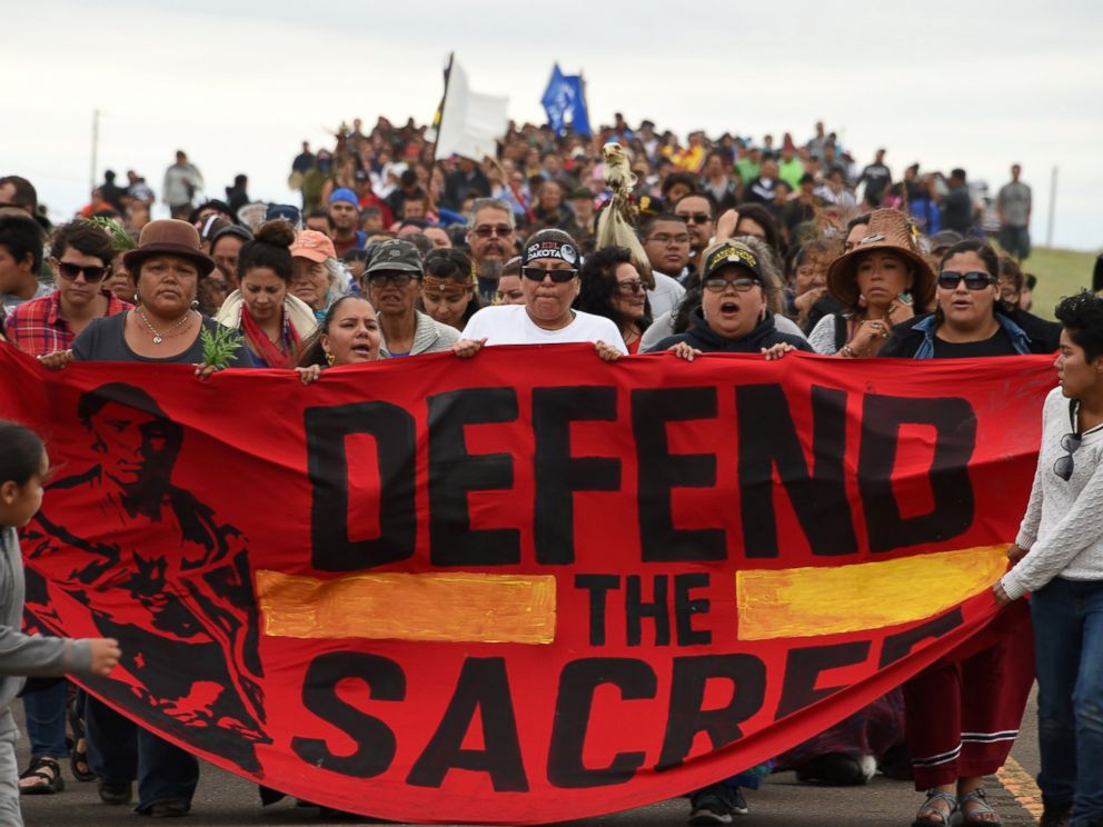 PHOTO: Native Americans march to a burial ground sacred site that was disturbed by bulldozers building the Dakota Access Pipeline (DAPL), Sept. 4, 2016 near Cannon Ball, North Dakota.