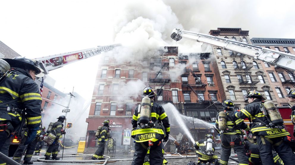 A building collapsed after it was rocked by a blast and a fire, March 26, 2015, in New York.