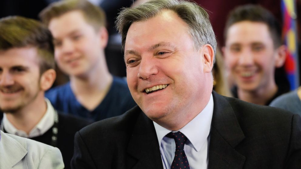 The Labour Party Shadow Chancellor Ed Balls reacts during questions at a 6th form Question Time style debate during a visit to Conyers School, April 15, 2015, in Yarm, England. 