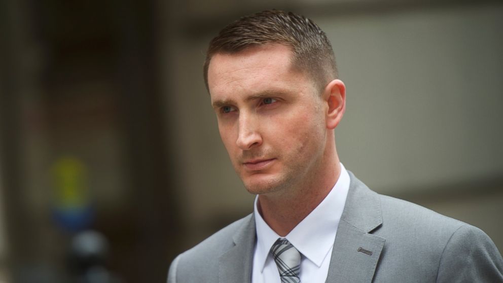 Edward Nero, a Baltimore police officer who was involved in Freddie Gray's arrest, exits the Baltimore City Circuit Court for a lunch recess during the first day of his trial, May 12, 2016, in Baltimore, Maryland.