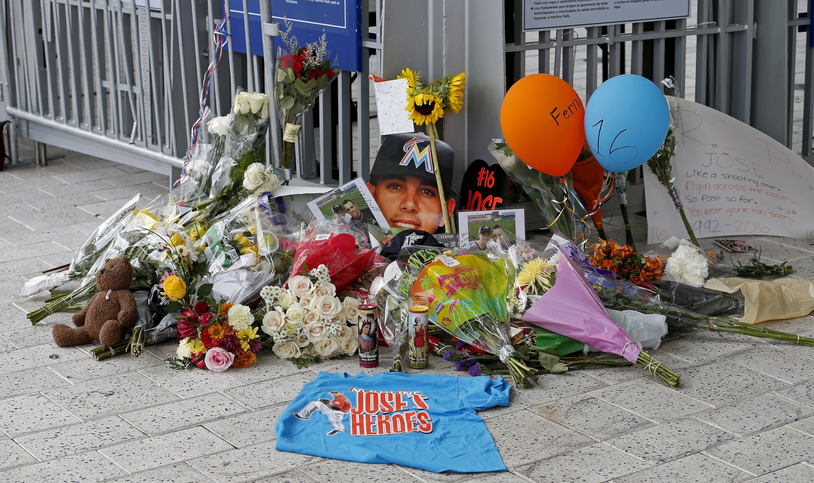 PHOTO: A memorial is shown at a gate of Marlins Park for Miami Marlins pitcher Jose Fernandez, Sept.25, 2016, in Miami, Florida. 