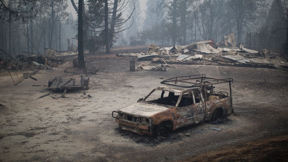 PHOTO: A burned truck and structures are seen at the Butte Fire, Sept. 13, 2015 near San Andreas, Calif.  