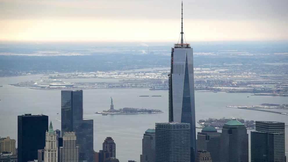 PHOTO: One World Trade Center, the tallest building in the Western Hemisphere, rises over downtown Manhattan, as seen from the window of a Customs and Border Protection (CBP), Jan. 31, 2014, in New York.