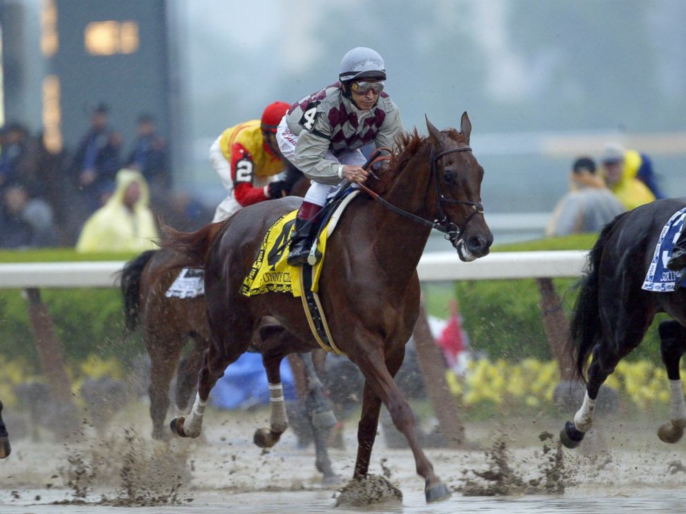 PHOTO: Funny Cide runs down the front stretch on his way toward finishing third during the 135th Belmont Stakes, June 7, 2003, at Belmont Park in Elmont, New York.