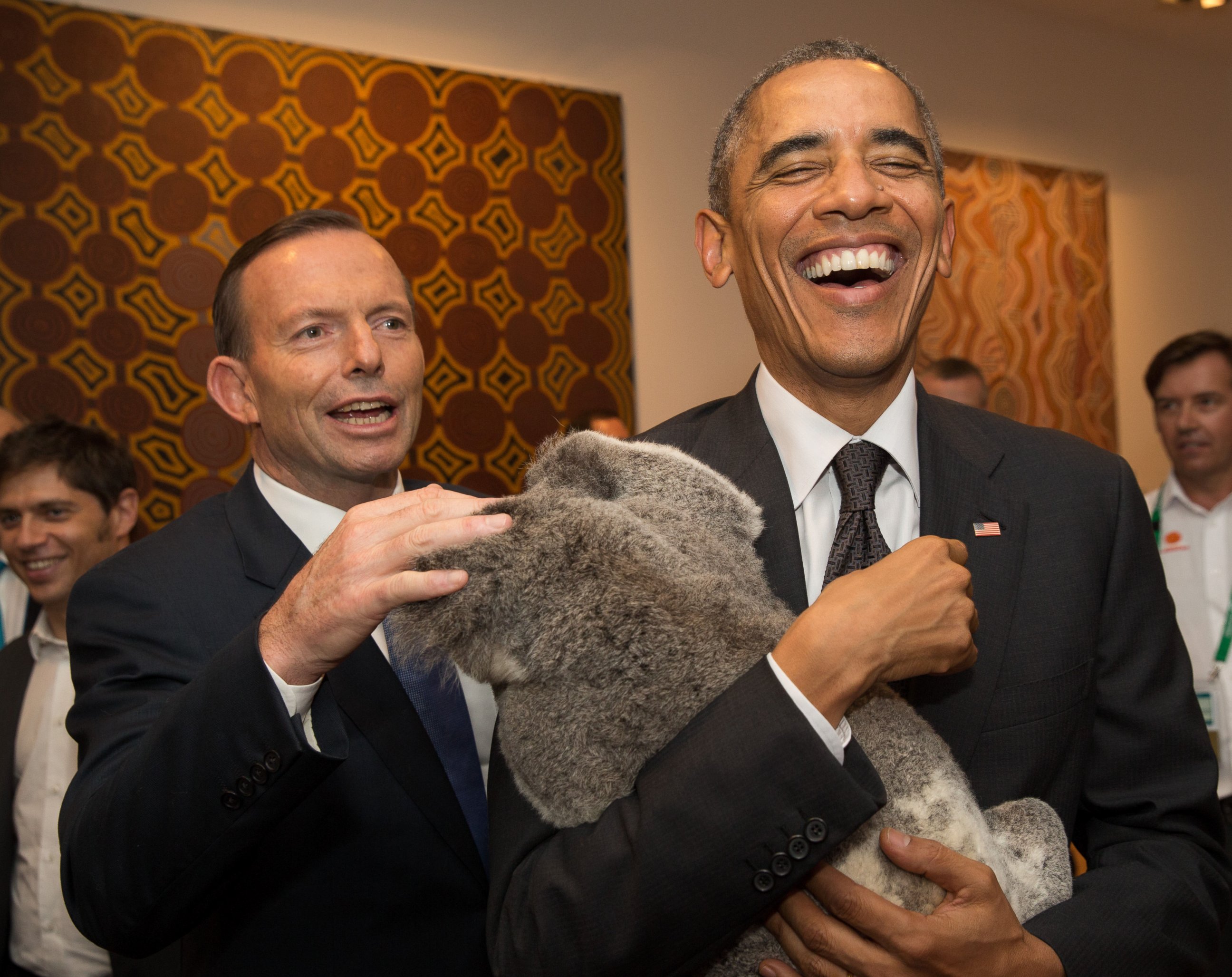 PHOTO: Australia's Prime Minister Tony Abbott and President Barack Obama meet Jimbelung the koala