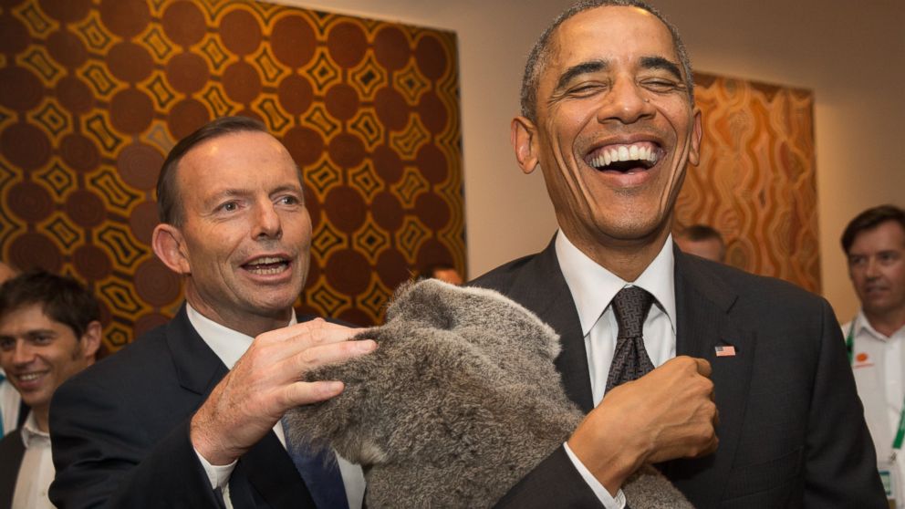 PHOTO: Australia's Prime Minister Tony Abbott and President Barack Obama meet Jimbelung the koala