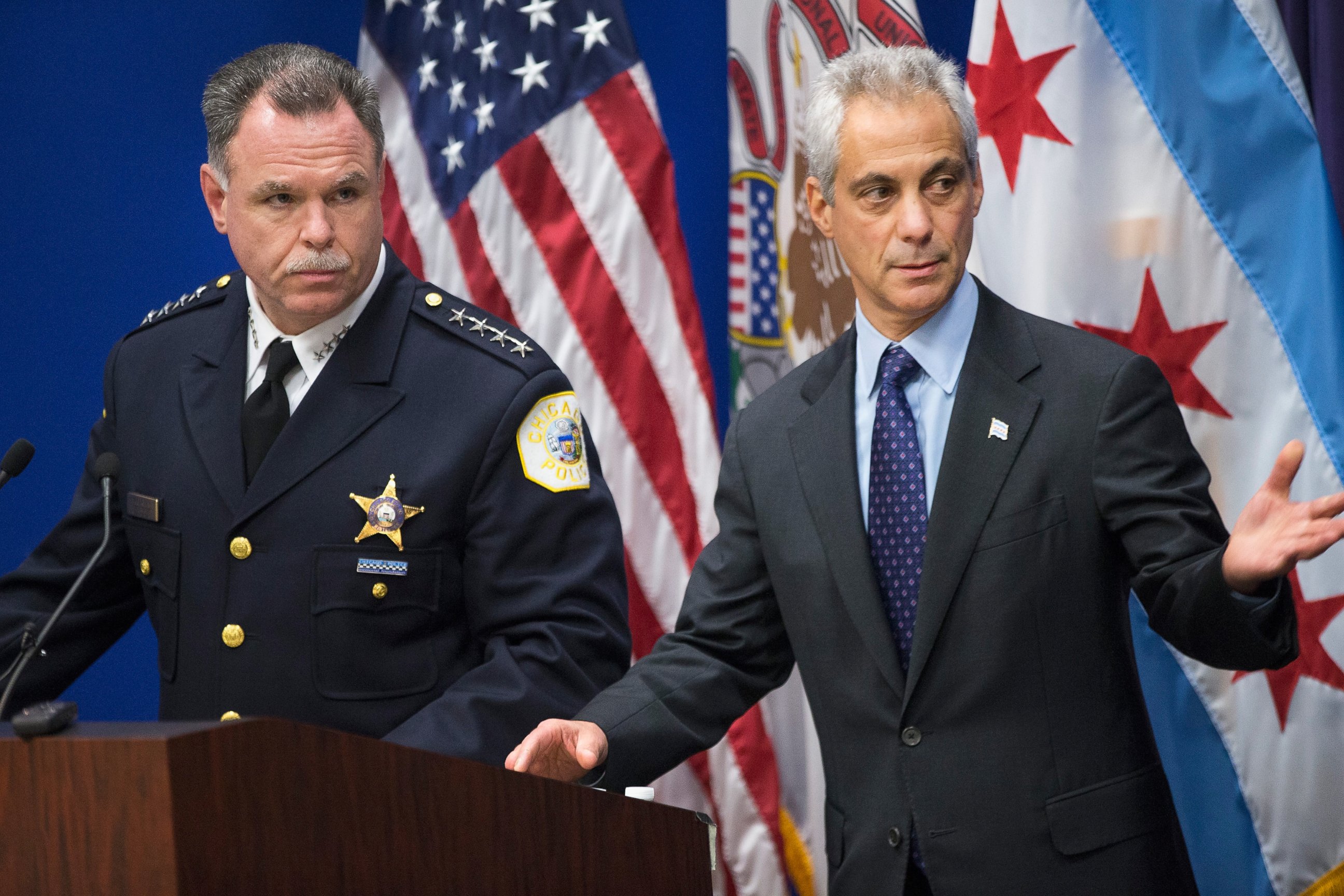 PHOTO:Chicago Police Superintendent Garry McCarthy and Mayor Rahm Emanuel arrive for a  press conference to address the arrest of Chicago Police officer Jason Van Dyke, Nov. 24, 2015 in Chicago. 