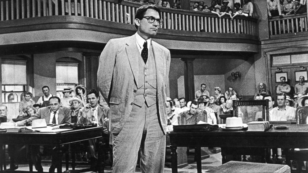 Gregory Peck, as Atticus Finch, stands in a courtroom in a scene from "To Kill A Mockingbird" in 1962. 