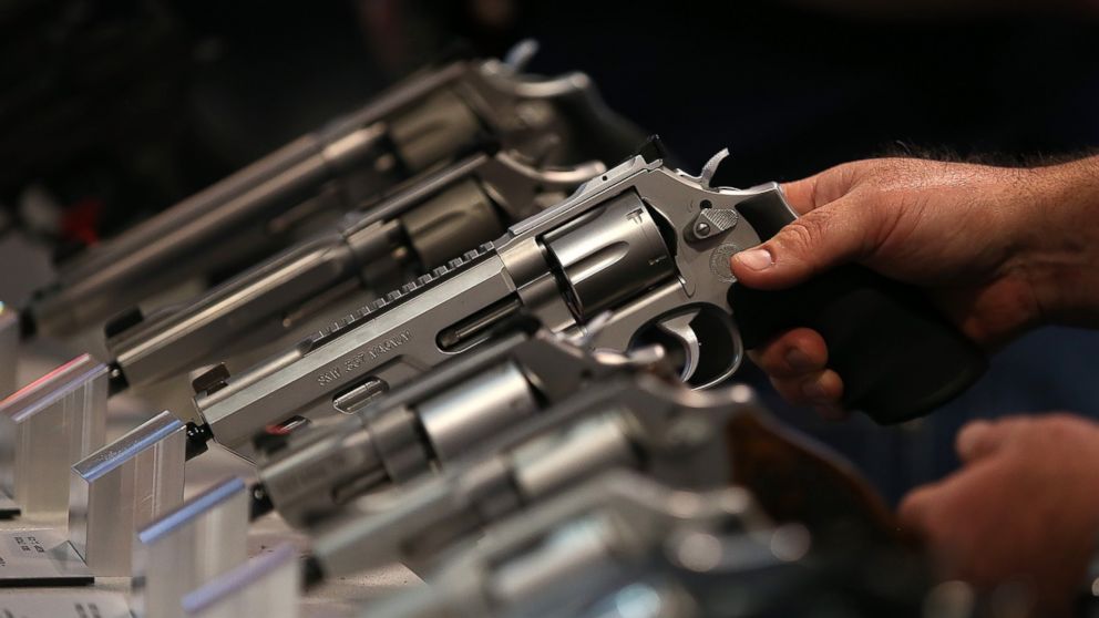 Smith and Wesson handguns are displayed during the 2015 NRA Annual Meeting & Exhibits in this April 10, 2015 file photo in Nashville, Tenn.