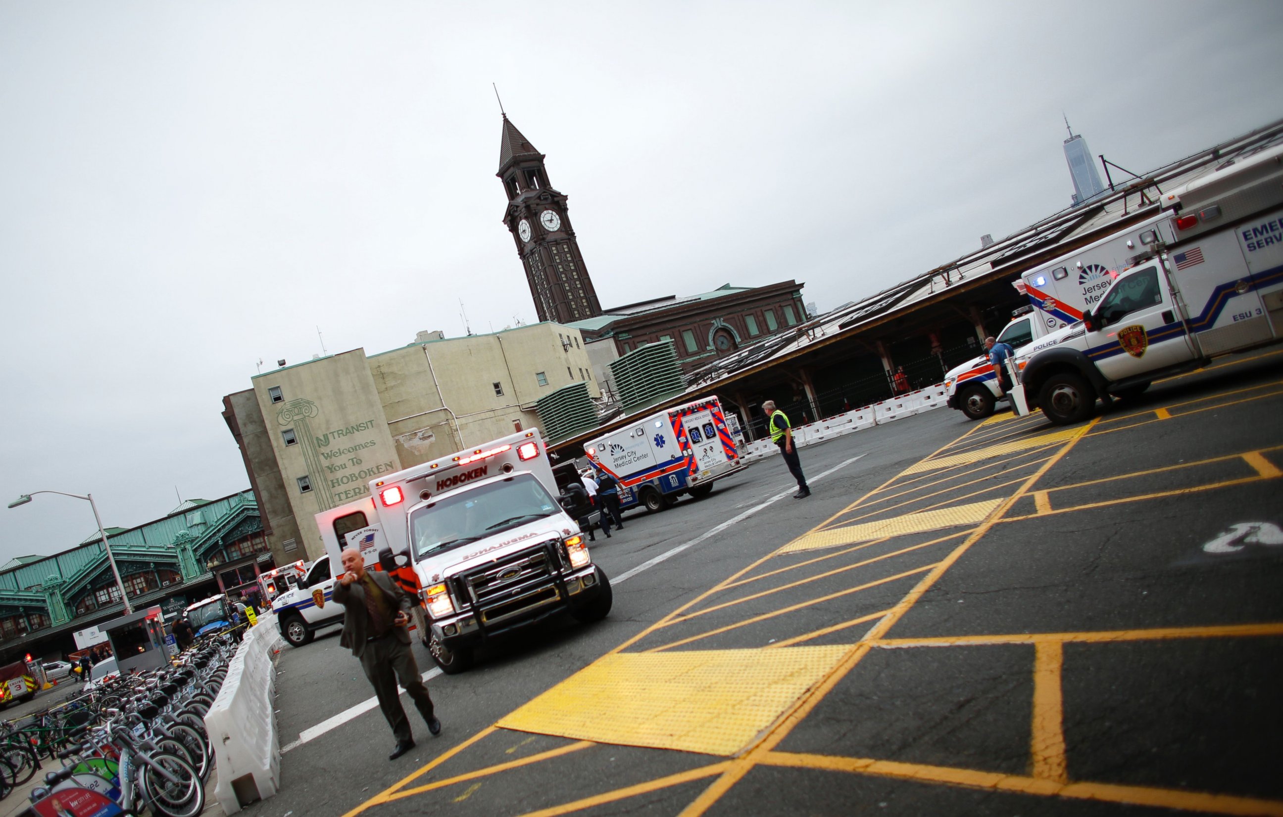 PHOTO: Emergency workers arrive at New Jersey Transit's rail station in Hoboken, New Jersey, Sept. 29, 2016.