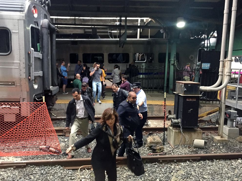 PHOTO: Passengers rush to safety after a NJ Transit train crashed in to the platform at the Hoboken Terminal Sept. 29, 2016, in Hoboken, New Jersey. 