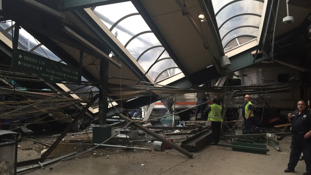 PHOTO: A NJ Transit train seen through the wreckage after it crashed in to the platform at the Hoboken Terminal Sept. 29, 2016 in Hoboken, New Jersey.