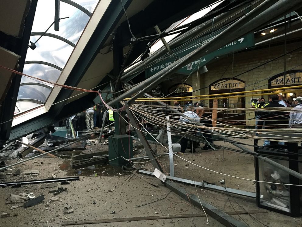 PHOTO: The roof collapsed after a NJ Transit train crashed into the platform at the Hoboken Terminal, Sept. 29, 2016, in Hoboken, New Jersey. 