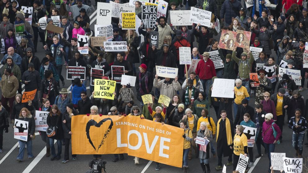 PHOTO: Thousands take part in the Justice for All march and rally on Pennsylvania Avenue to the Capitol in Washington, Dec. 13, 2014.