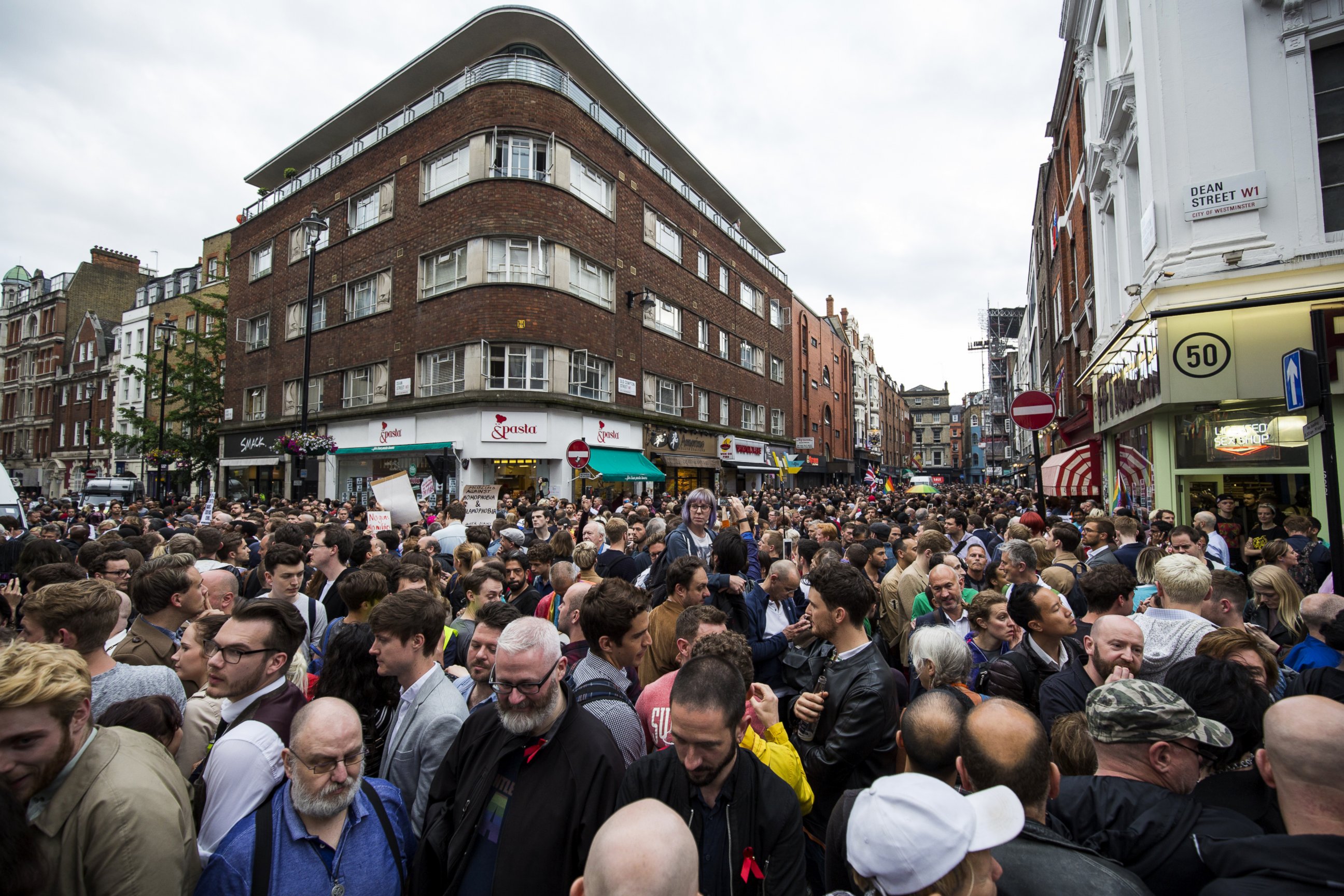 PHOTO: Hundreds attend a vigil for the victims of the Orlando nightclub shooting, outside the Admiral Duncan pub on Old Compton Street, Soho, June 13, 2016, in London.