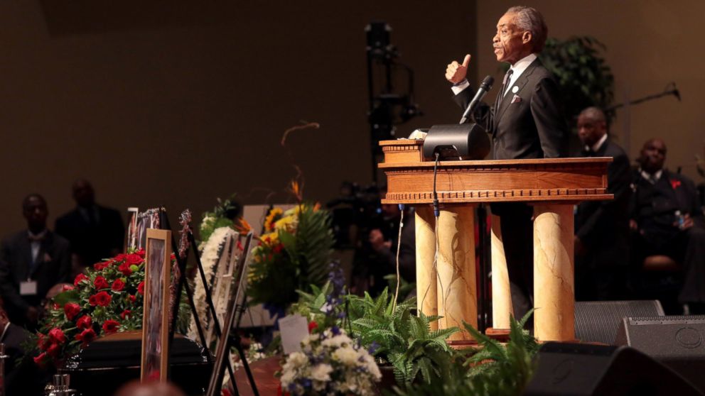 PHOTO: The Rev. Al Sharpton speaks during the funeral of Michael Brown inside Friendly Temple Missionary Baptist Church on Aug. 25, 2014 in St. Louis Mo.