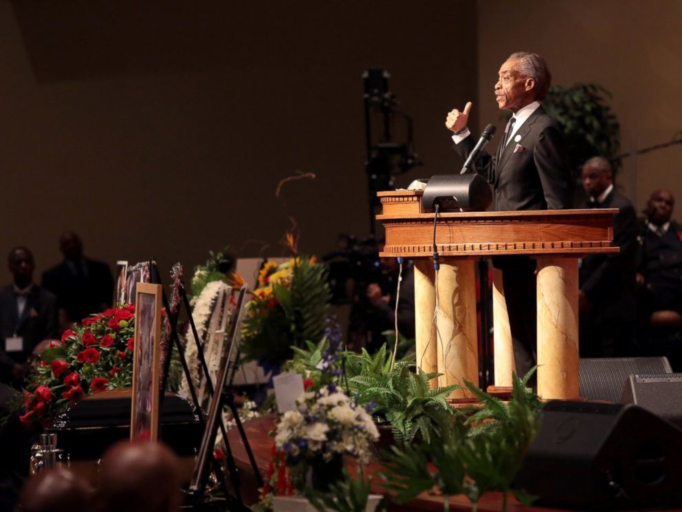 PHOTO: The Rev. Al Sharpton speaks during the funeral of Michael Brown inside Friendly Temple Missionary Baptist Church on Aug. 25, 2014 in St. Louis Mo.