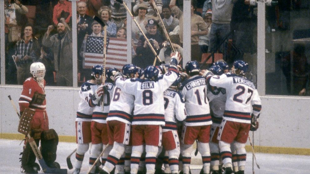The United States and the Soviet Union shake hands after the semifinal hockey game during the Winter Olympics in Lake Placid, New York, Feb. 22, 1980. 