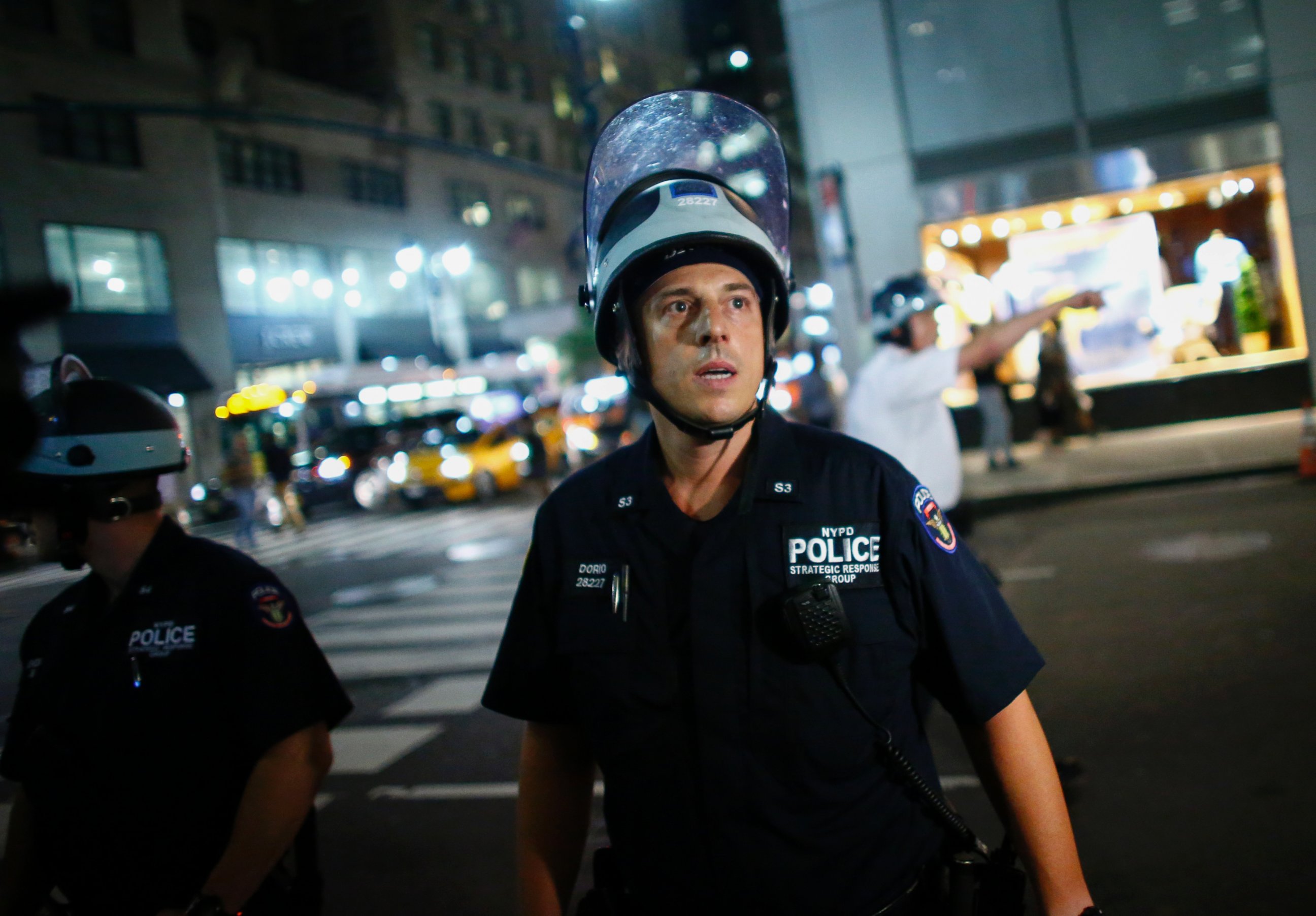 PHOTO: NYPD officers patrol during a protest, July 8, 2016 in New York City. 