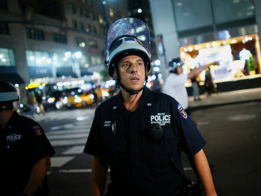 PHOTO: NYPD officers patrol during a protest, July 8, 2016 in New York City.