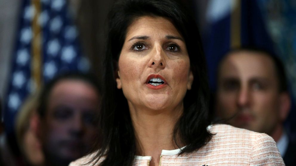 South Carolina Gov. Nikki Haley speaks to the media as she asks that the Confederate flag be removed from the state capitol grounds, June 22, 2015, in Columbia, S.C.