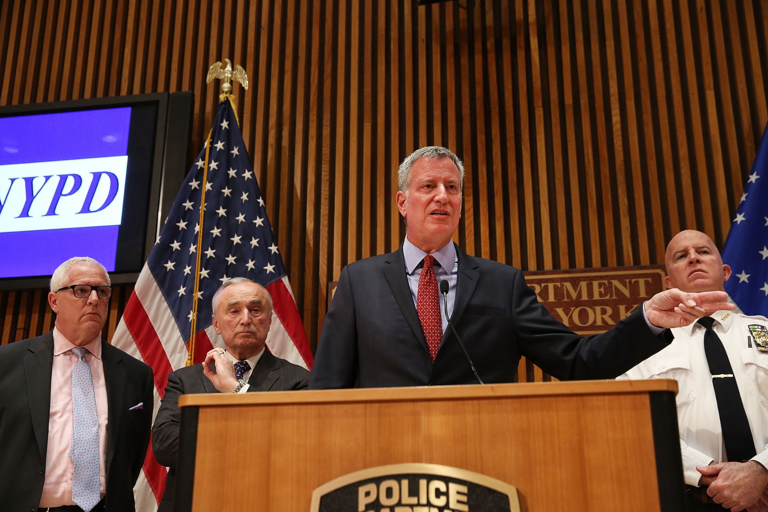PHOTO: New York City Mayor Bill de Blasio is joined by Police Commissioner William Bratton at a news conference where the two spoke about a "table-top" emergecny drill following attacks in the Belgium capital of Brussels, March 28, 2016, in New York.