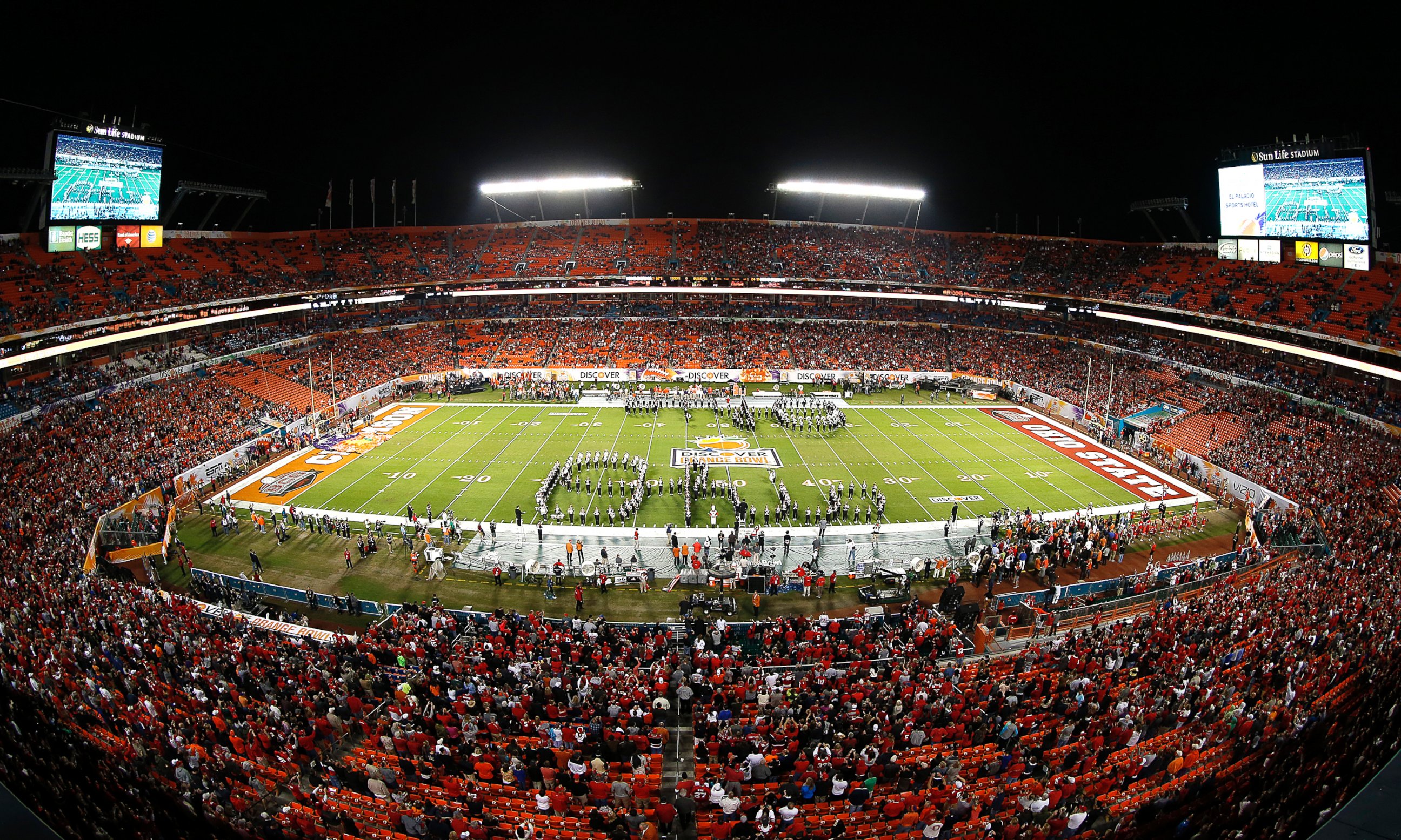 PHOTO: The Ohio State Buckeyes marching band performs prior to the game against the Clemson Tigers during the 2014 Discover Orange Bowl at Sun Life Stadium, Jan. 3, 2014, in Miami.