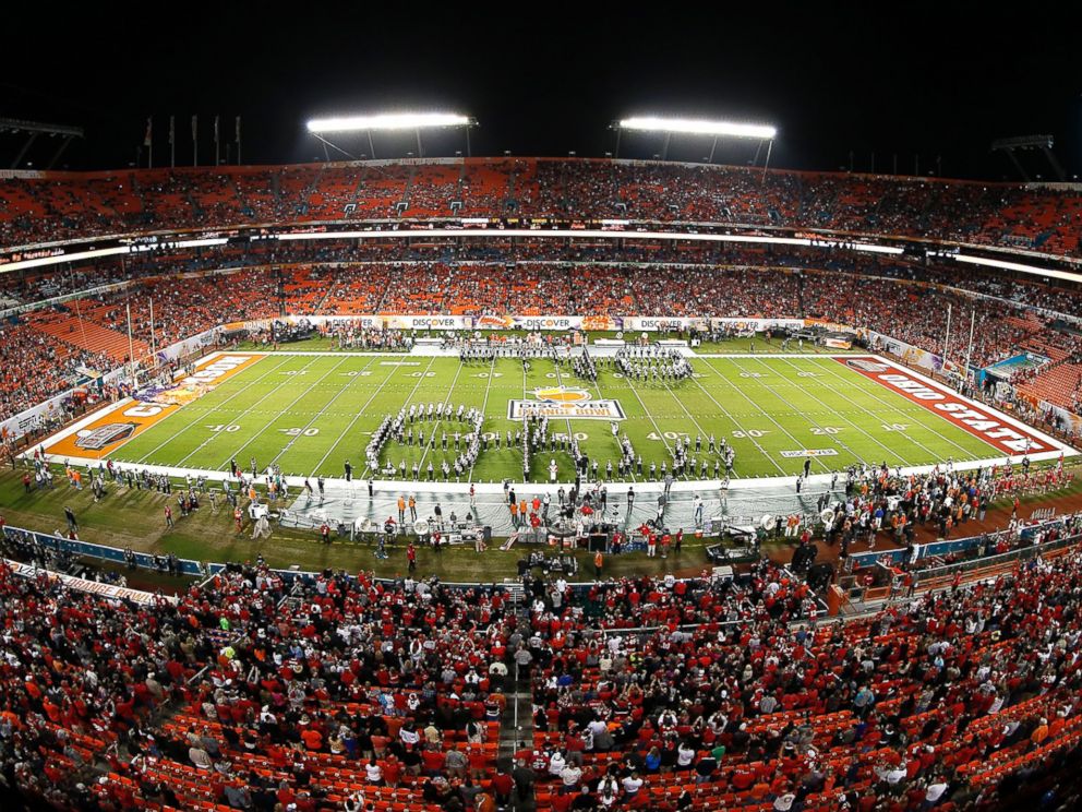 PHOTO: The Ohio State Buckeyes marching band performs prior to the game against the Clemson Tigers during the 2014 Discover Orange Bowl at Sun Life Stadium, Jan. 3, 2014, in Miami.