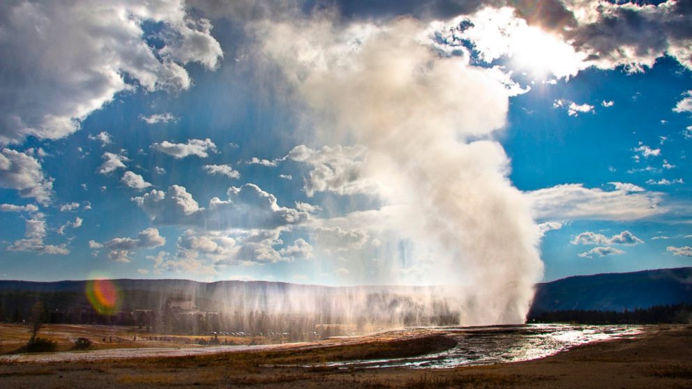 Old Faithful geyser is seen erupting at Yellowstone National Park in Wyoming.