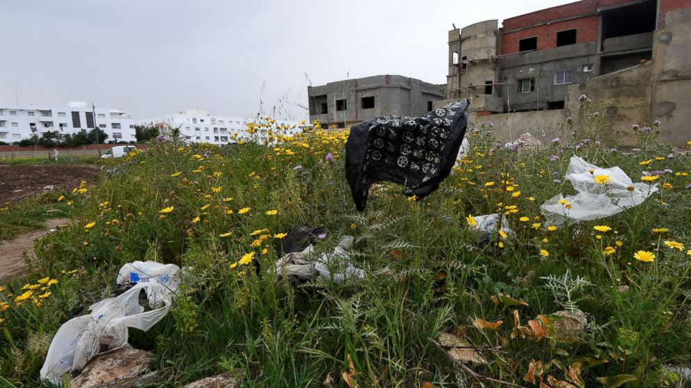 Plastic bags are seen in a field near buildings on April 2, 2016 in Tunis. 
