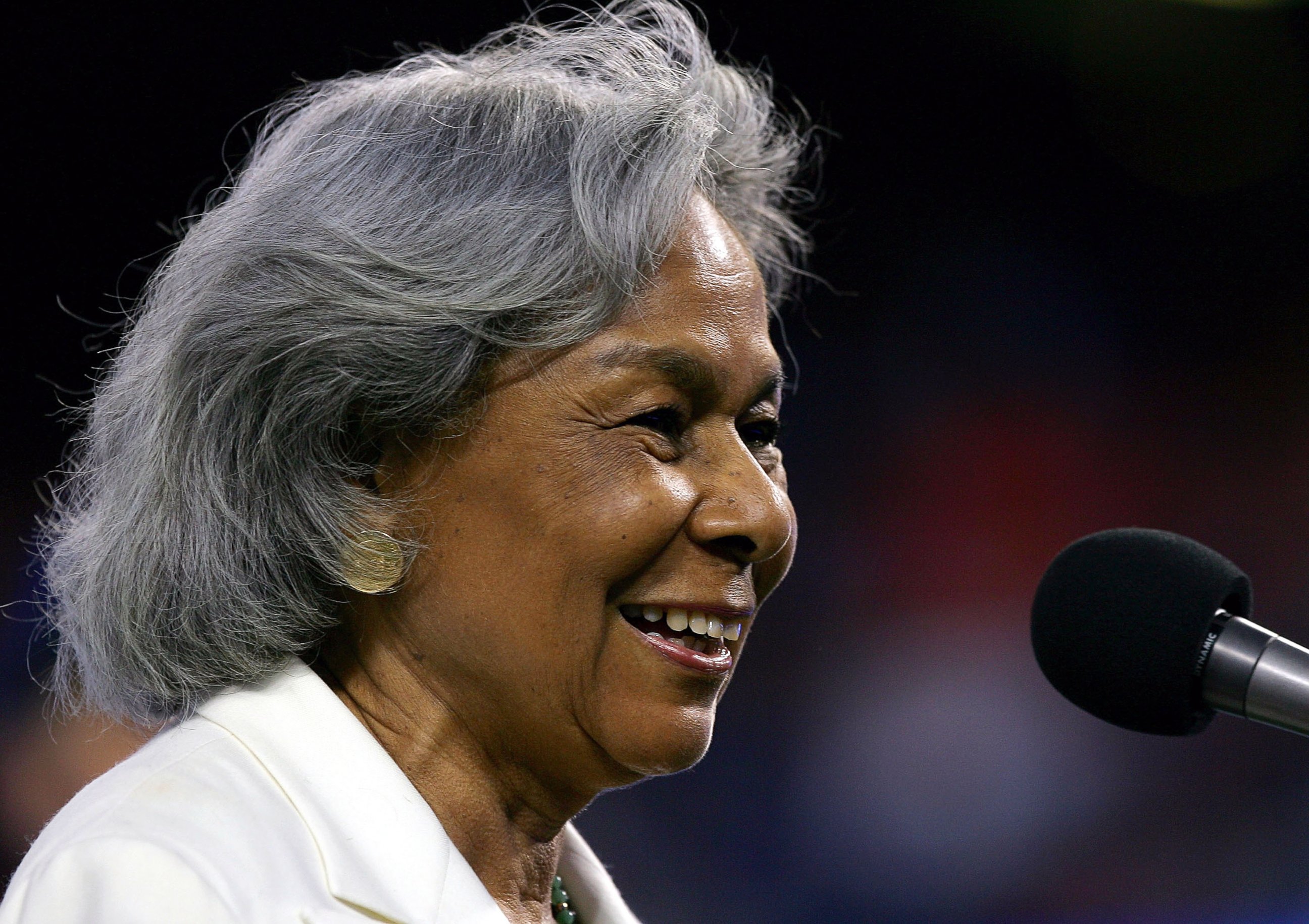 PHOTO: Rachel Robinson, wife of Jackie Robinson, an MLB legend, speaks to the crowd during a ceremony honoring her husband before the Los Angeles Dodgers game against the San Diego Padres on April 15, 2005, at Dodger Stadium in Los Angeles.
