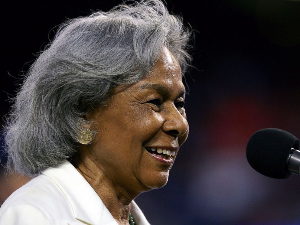 PHOTO: Rachel Robinson, wife of Jackie Robinson, an MLB legend, speaks to the crowd during a ceremony honoring her husband before the Los Angeles Dodgers game against the San Diego Padres on April 15, 2005, at Dodger Stadium in Los Angeles.