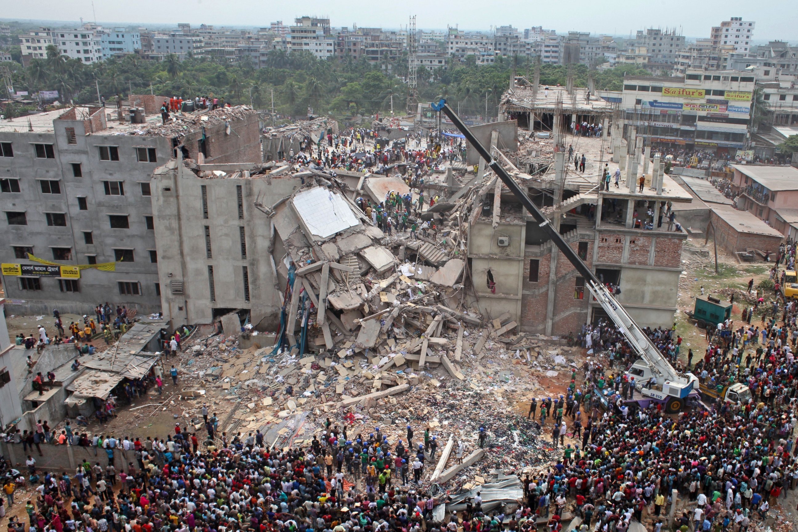 PHOTO: A file photo dated April 24, 2013 shows the general view of the Rana Plaza building collapse in Dhaka, Bangladesh. 