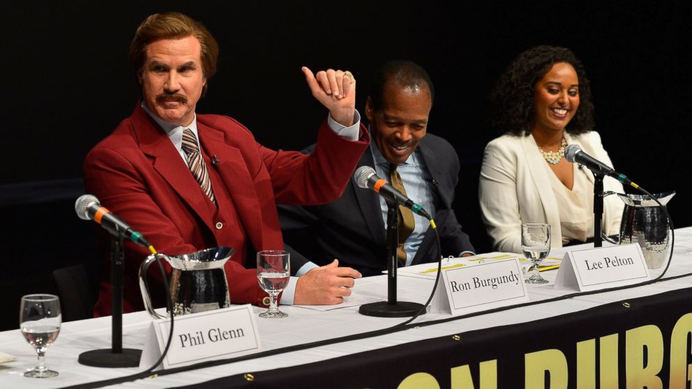 Will Ferrell in character as Ron Burgundy answers questions from press and Emerson College students as the college renames its School of Communications the "Ron Burgundy School of Communication" for 24 hours, Dec. 4, 2013 in Boston