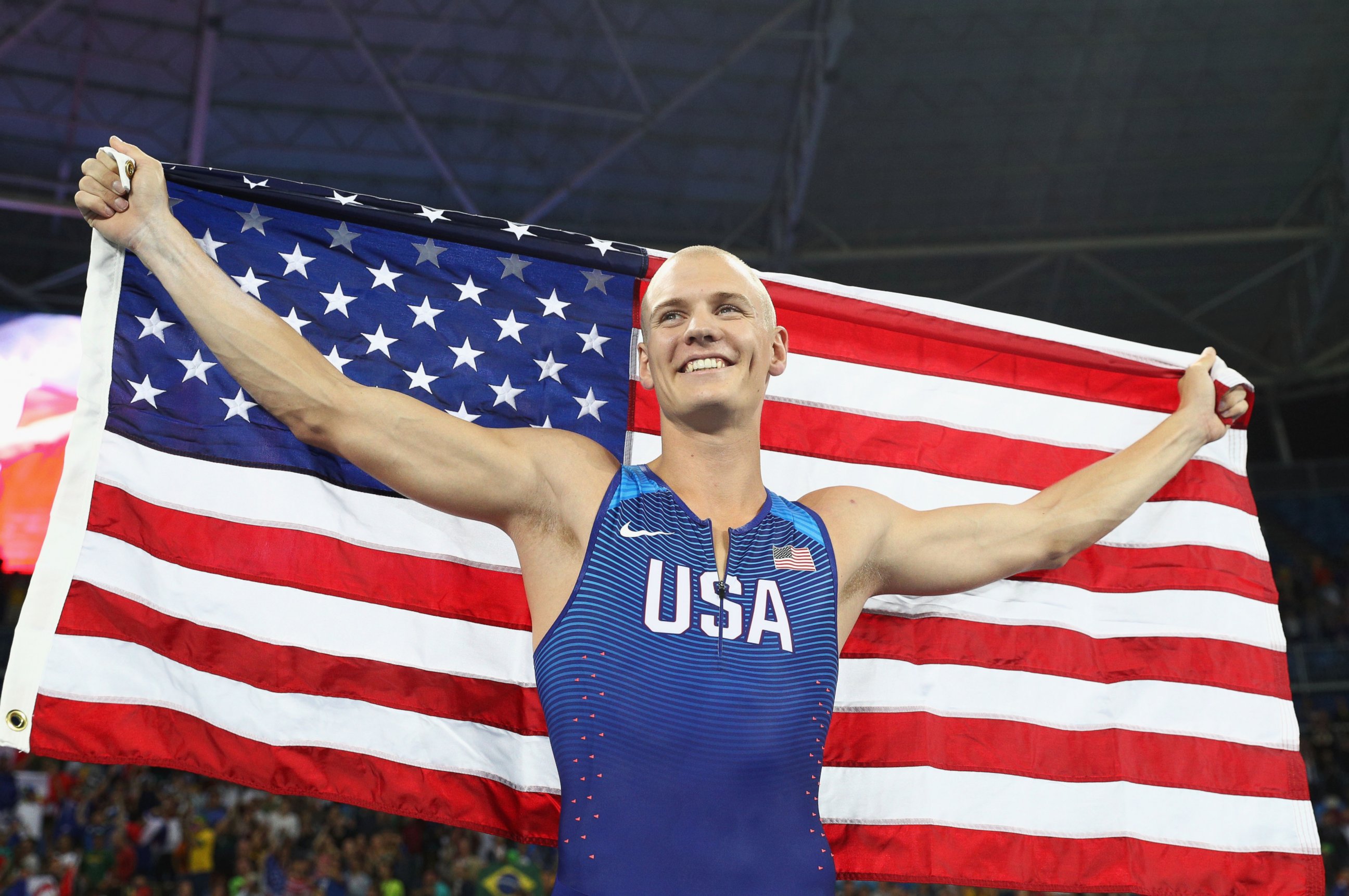 PHOTO: Sam Kendricks of the United States celebrates winning the bronze medal in the Men's Pole Vault Final on Day 10 of the Rio 2016 Olympic Games, Aug. 15, 2016, in Rio de Janeiro, Brazil. 