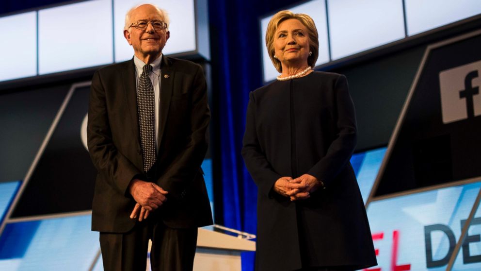 PHOTO:Hillary Clinton and Bernie Sanders participate in the Univision News and Washington Post Democratic Presidential Primary Debate,  March, 9, 2016, in Miami. 